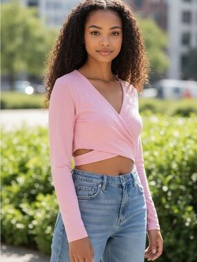 Pink Wrap Crop Top - Women's Long Sleeve V-Neck